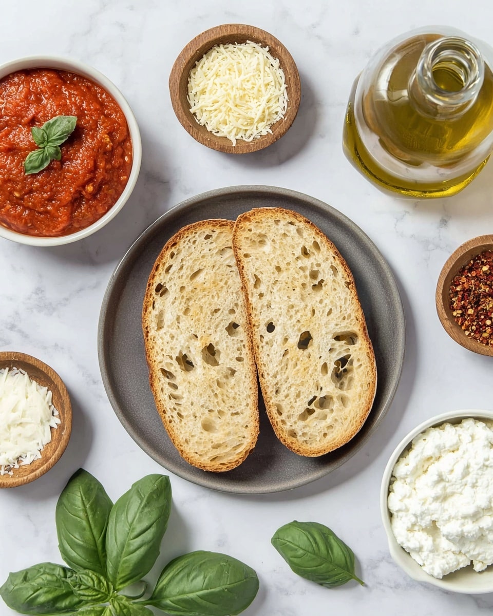 Two slices of light brown bread with holes and soft texture are placed side by side on a gray round plate. Around the plate, circular white bowls contain different ingredients: a bowl of thick red tomato sauce with a small green leaf on top to the left, a bowl of grated pale yellow cheese at the top, and a bowl of white creamy cottage cheese to the right. Small wooden and white dishes hold white and red spices near the plate, while large green basil leaves and a glass bottle of golden olive oil sit on the white marbled surface. The arrangement is neat and bright, photo taken with an iphone --ar 4:5 --v 7
