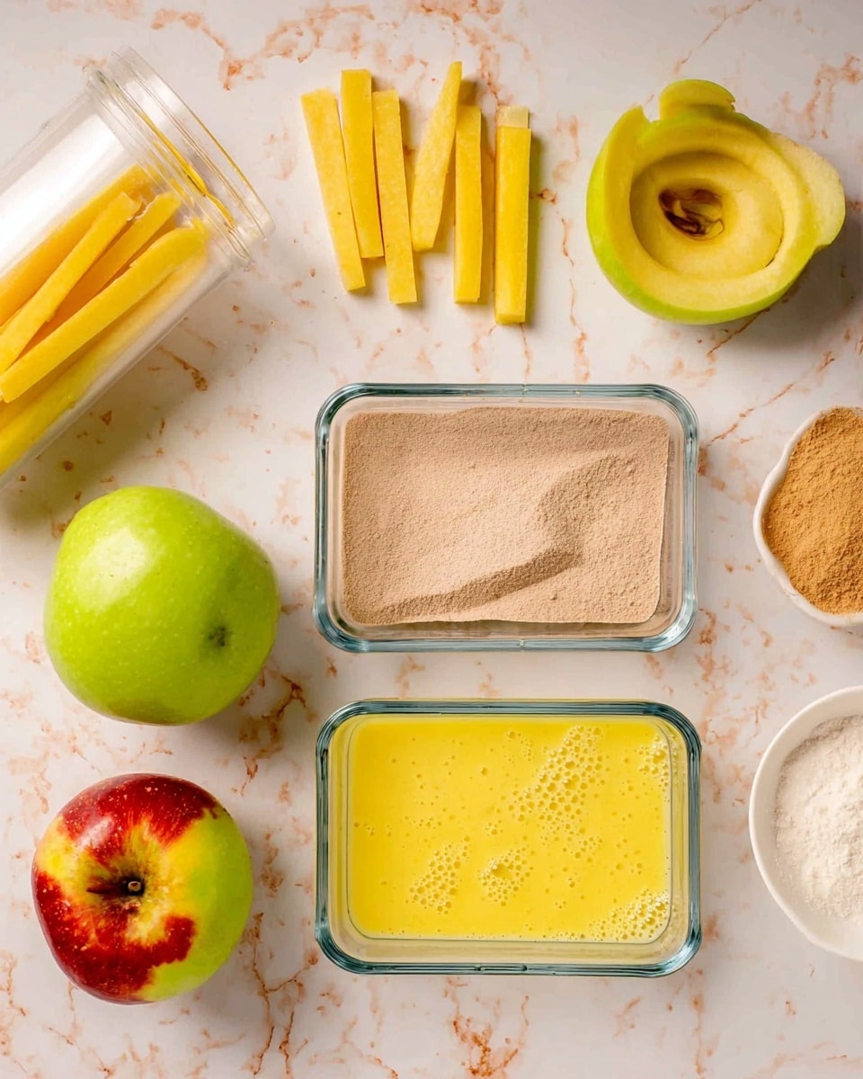 The image shows cooking ingredients on a white marbled surface. On the left, there are yellow apple sticks arranged in a small pile near an overturned clear container. Above them, a peeled yellow apple is placed with a spiral peel beside it. Below, there is a whole green apple next to a red and yellow apple with its peel set in a spiral close by. On the right side, two rectangular clear glass containers are placed side by side, the top one filled with light brown dry powder and the bottom one containing a yellow beaten egg mixture with small bubbles. A small white bowl with light brown granules is partly visible on the far right. Photo taken with an iphone --ar 4:5 --v 7