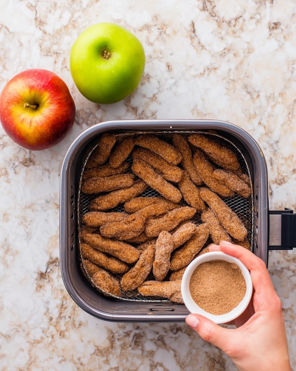 The image shows a wire air fryer basket with many brown, coated finger-sized pieces spread out inside. A woman's hand is holding a small white bowl filled with a fine brown powder, positioned just above the basket as if ready to sprinkle the powder on the pieces. To the left of the basket, there are two whole apples, one green and one red, resting on a white marbled surface. Photo taken with an iphone --ar 4:5 --v 7