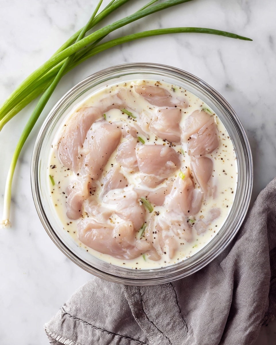 A clear glass bowl sits on a white marbled surface, filled with pale pink raw pieces of chicken soaked in a creamy, white marinade speckled with black pepper. The chicken pieces are scattered evenly in the liquid, partially submerged, showing smooth and slightly shiny textures. Above the bowl, two fresh green onion stalks rest across the top edge. Below the bowl, a soft gray cloth with stitched edges adds a touch of texture, gently folded beneath the bowl. photo taken with an iphone --ar 4:5 --v 7