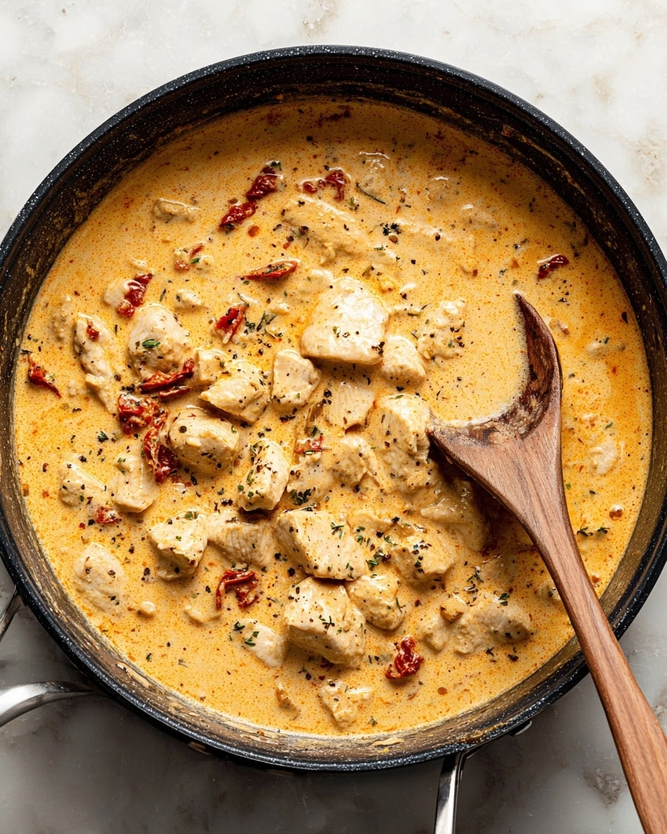 A black skillet filled with a creamy, light orange sauce mixed with pieces of white meat chunks, small bits of red sun-dried tomatoes, and scattered black pepper and herbs; a wooden spoon rests inside the skillet, partly submerged in the sauce, showing the thick and smooth texture of the mixture; the skillet is placed on a white marbled surface, highlighting the warm colors of the dish; photo taken with an iphone --ar 4:5 --v 7