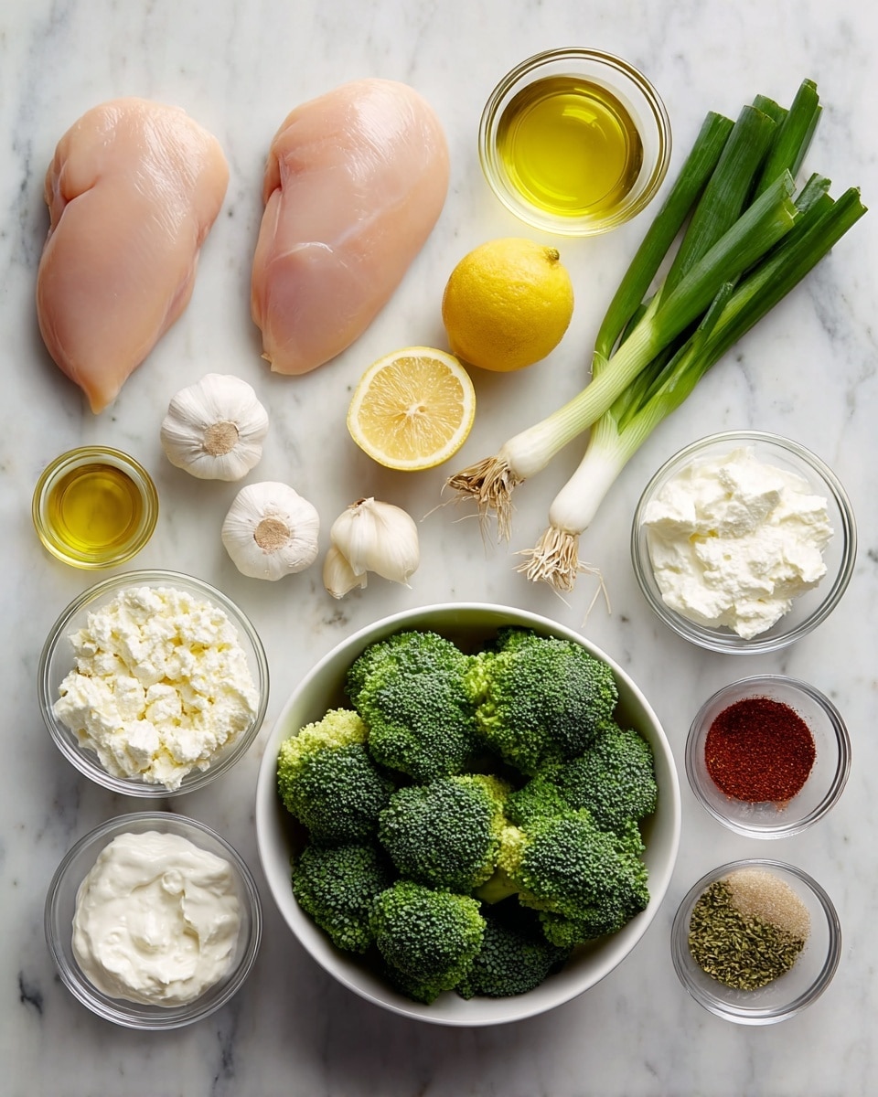 The image shows fresh ingredients neatly arranged on a white marbled surface. On the left side, there are two raw chicken breasts with a smooth and pale pink texture. Above them, there are small glass bowls filled with golden olive oil. To the right, a large white bowl is full of bright green broccoli florets with a fresh, bumpy texture. Near the top center, whole green onions with white bottoms and deep green tops lie next to a whole lemon and lemon half which is bright yellow and juicy-looking. Surrounding the lemon and green onions are a few garlic cloves and a full garlic bulb, all creamy white with papery skins. Smaller glass bowls hold creamy white yogurt and ricotta cheese, as well as spice mixtures in tiny glass bowls showing different brown, red, and white powders. Every element is clear and colorful on the white marbled background, with a clean and fresh feel. photo taken with an iphone --ar 4:5 --v 7