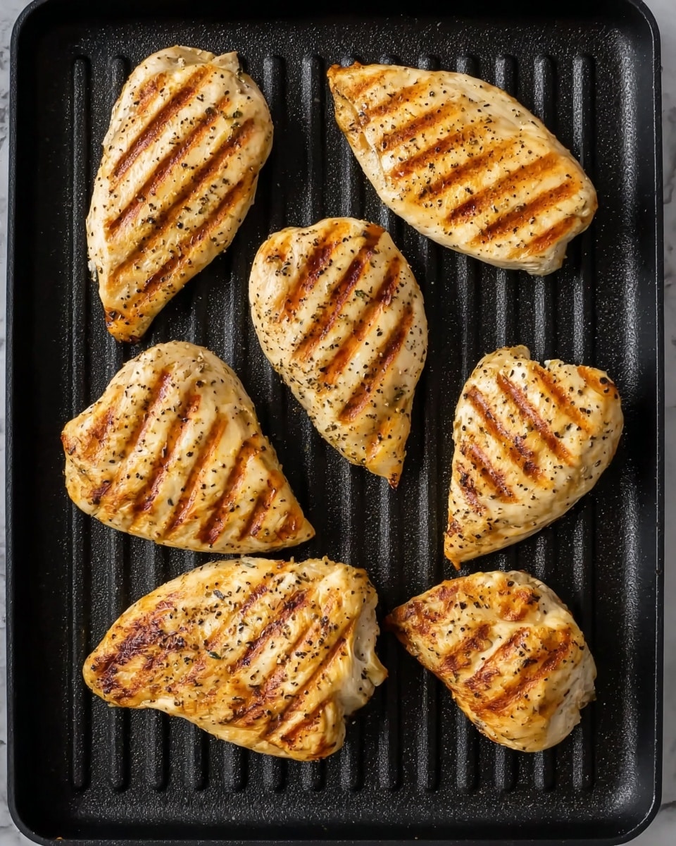 The image shows six pieces of cooked chicken on a dark grill pan with visible grill marks in parallel lines. Each piece is golden brown with a slightly speckled surface showing some black pepper seasoning. The chicken pieces are fully cooked and arranged evenly across the grill pan, which has ridges running vertically. The background is a white marbled texture. Photo taken with an iphone --ar 4:5 --v 7