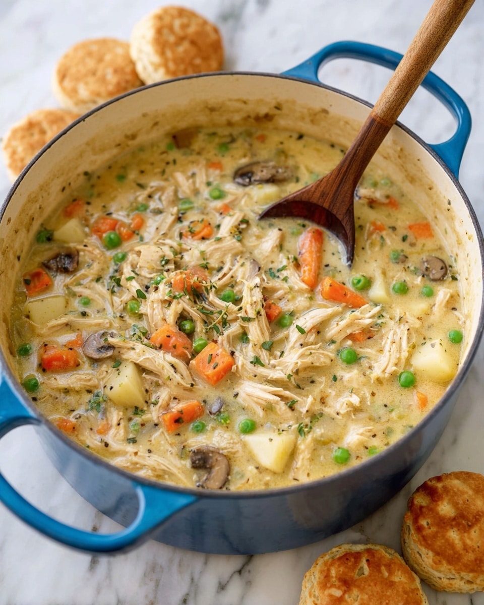 A blue pot filled with creamy chicken and vegetable stew, showing layers of shredded light brown chicken mixed with orange carrot slices, small green peas, white and light yellow potato chunks, and small pieces of mushrooms in a thick pale yellow broth; a wooden spoon is resting inside the pot with its handle leaning out, and around the pot on a white marbled surface are three golden brown biscuits. Photo taken with an iphone --ar 4:5 --v 7