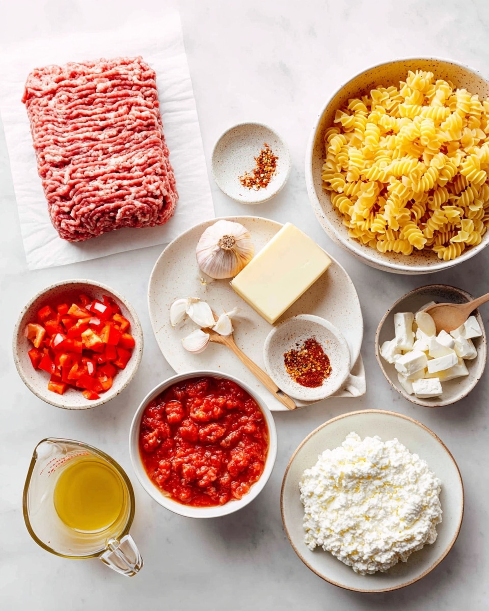 A collection of cooking ingredients arranged on a white marbled surface, featuring a block of raw ground meat with streaks of white fat placed on white parchment paper near the top right, a bowl of yellow ruffled pasta in a light beige speckled bowl at the center right, a deep white bowl filled with bright red chunky tomatoes at the bottom left, and a small clear glass measuring cup containing a smooth, pale yellow sauce or broth at the bottom right. Surrounding these are smaller white bowls with diced red bell peppers, three peeled white garlic cloves in a small white bowl, a small white bowl of crushed red pepper flakes with a wooden spoon, a round piece of white onion, a white speckled plate holding a wedge of pale yellow cheese and a mound of white cottage cheese, a small round white bowl of fresh white ricotta cheese, a small cup of yellow oil, and a small white sauce pitcher. Photo taken with an iphone --ar 4:5 --v 7