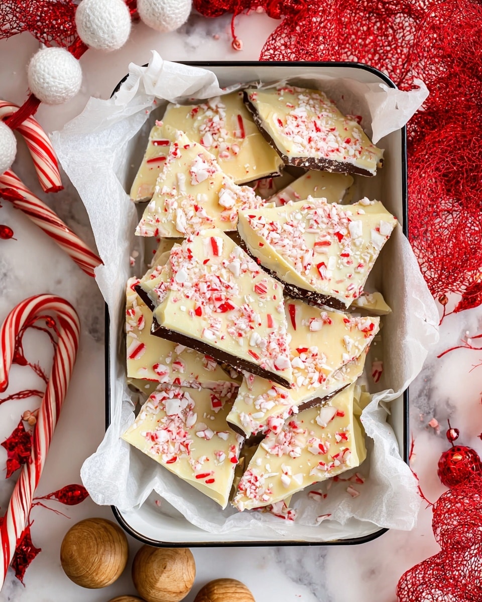 The image shows broken pieces of peppermint bark arranged in a white lined tin. Each piece has three visible layers: a bottom layer of smooth dark brown chocolate, a middle layer of creamy white chocolate, and a top layer sprinkled with small crushed red and white peppermint candy bits. The pieces vary in size and shape and are laid irregularly on parchment paper inside the tin. Surrounding the tin are candy canes and festive decorations with wooden and white fluffy ball garlands, all set on a white marbled surface. photo taken with an iphone --ar 4:5 --v 7