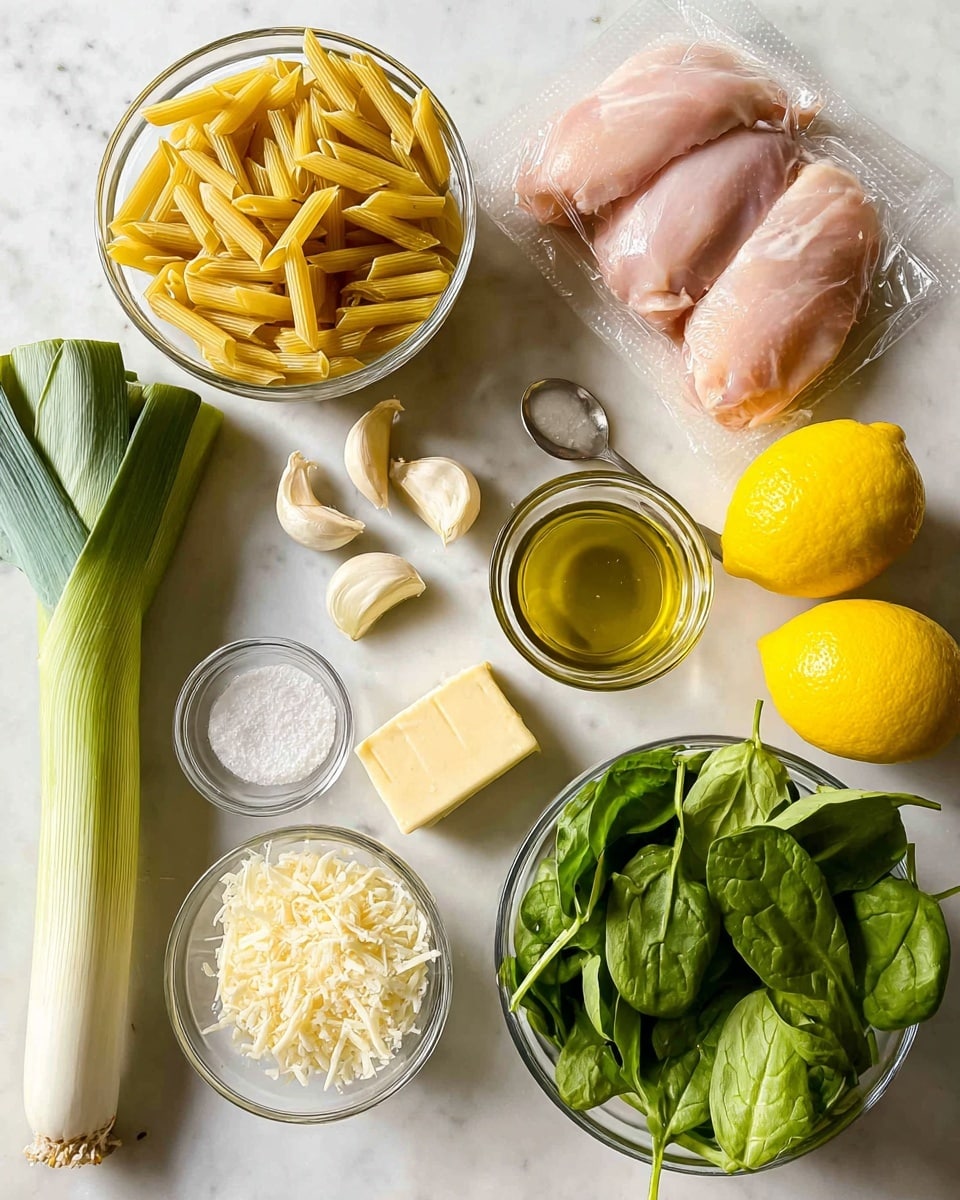 A top view shows a clear glass bowl filled with dry yellow penne pasta placed near the top left side. To the right, transparent plastic packaging holds two raw chicken pieces with pinkish color. Below the pasta bowl are three bright yellow lemons grouped together. To the left edge lies one whole leek with a white base and green leafy top. Near the center are three peeled garlic cloves spread unevenly. Two small clear glass bowls are placed near the middle, one containing a square piece of pale yellow butter and the other filled with grated Parmesan cheese that is white with a fluffy texture. A small glass bowl with olive oil, golden yellow in color, sits nearby. At the bottom right corner, there is a pile of fresh green spinach leaves. A clear glass bowl holds coarse white salt with a small spoon in it. All items rest on a white marbled surface. Photo taken with an iphone --ar 4:5 --v 7