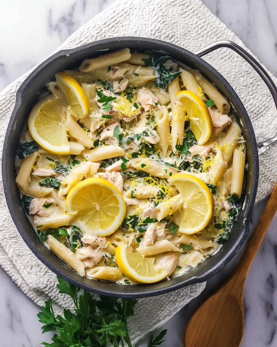 The image shows a black cooking pot filled with a creamy pasta dish. The bottom layer consists of light yellow penne pasta, mixed evenly with white sauce. On top of the pasta are small pieces of white meat and chunks of green leafy herbs. Thin, round yellow lemon slices are placed on top and scattered around the dish, adding a bright contrast. Light green chopped parsley and lemon zest add fresh color and texture across the surface. A wooden spoon lies next to the pot on a white textured cloth, all sitting on a white marbled surface. photo taken with an iphone --ar 4:5 --v 7