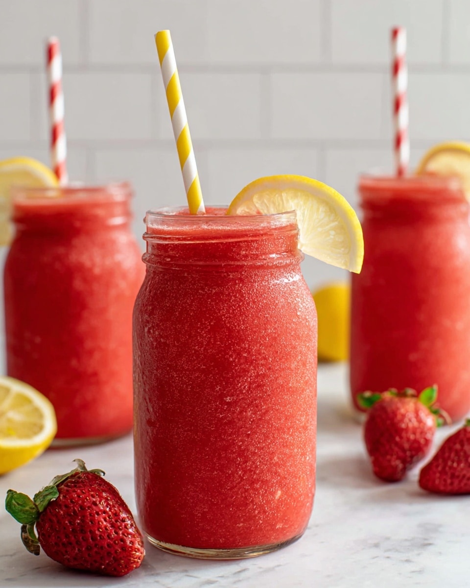 The image shows four tall clear glass jars filled with a thick, bright red smoothie that has a slightly textured surface. Each jar is topped with two paper straws—some striped red and white, others yellow and white—and garnished with a bright yellow lemon wedge on the rim. The jars are placed on a white marbled surface with a clean white tiled wall in the background. Fresh red strawberries are arranged casually on the surface around the jars. The focus is on the closest jar, with the others softly blurred behind it. photo taken with an iphone --ar 4:5 --v 7