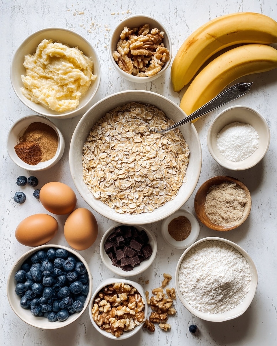 The image shows a flat lay of baking ingredients arranged neatly on a white marbled surface. A large white bowl in the center is filled with light brown rolled oats with a silver spoon resting inside. Surrounding the bowl are smaller white bowls holding different items: mashed banana with a silver spoon, fresh blueberries, chopped walnuts, white chocolate chips, brown sugar, flour, cinnamon powder with a small spoon, salt, and vanilla extract. Two whole brown eggs and two whole yellow bananas are placed among the bowls. Some oats and blueberries are scattered lightly around the bowls, creating a casual, natural look. Photo taken with an iphone --ar 4:5 --v 7
