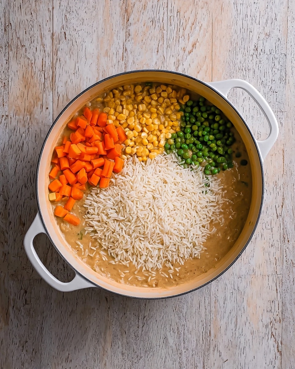 A white pot with two handles is placed on a white marbled wooden surface. Inside, there are three layers: the bottom layer is a creamy, light brown thick mixture holding everything together. On the left side, there is a layer of mixed vegetables including bright orange carrots, yellow corn, green peas, and green beans. On the right side, there is a layer of white uncooked rice sitting neatly next to the vegetables and creamy base. The colors contrast well with each other inside the pot. photo taken with an iphone --ar 4:5 --v 7