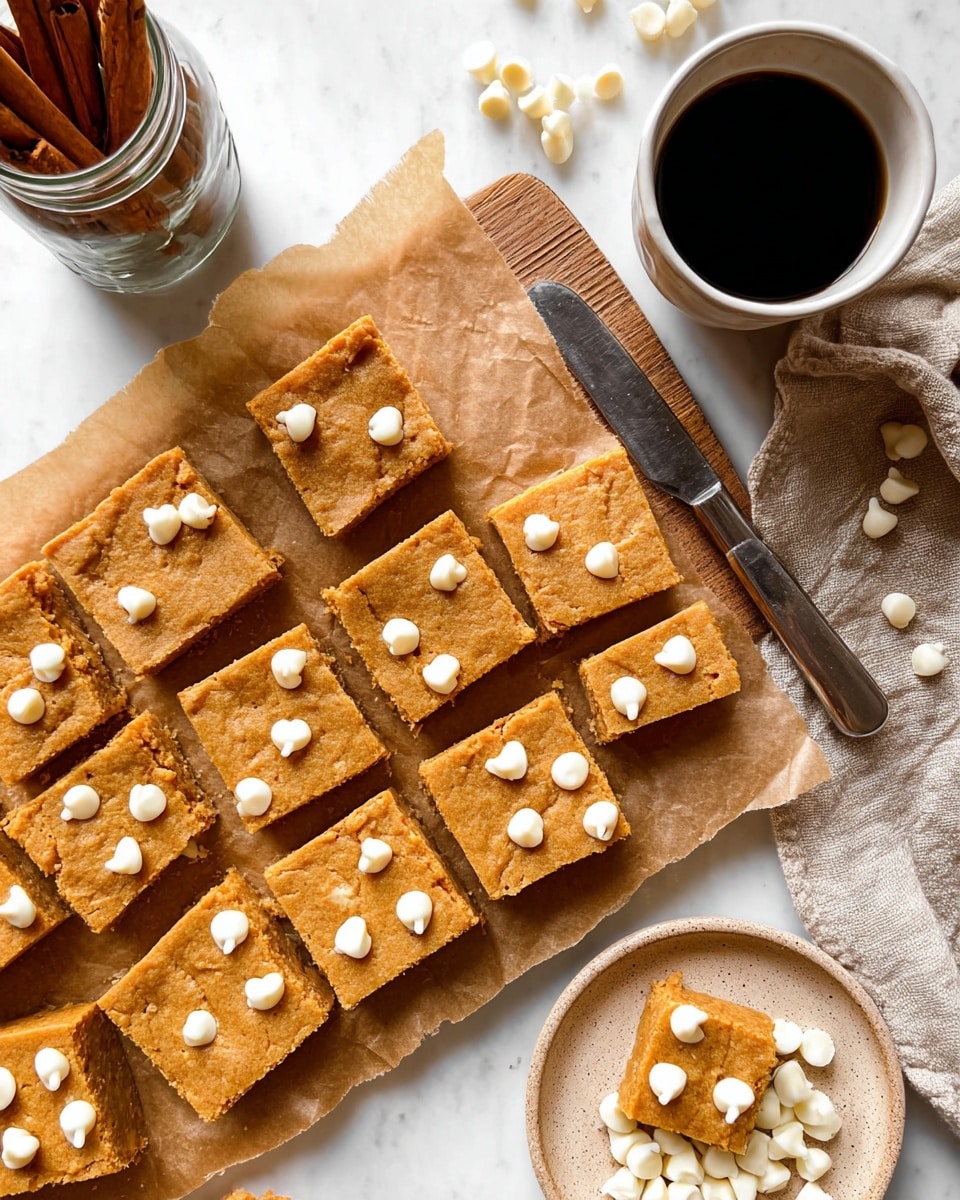 The image shows a group of golden brown square bars arranged on light brown parchment paper, each piece topped with scattered white chips that have a smooth and slightly pointed texture. The bars have a soft, slightly crumbly surface with a warm orange-brown color. A large silver knife rests diagonally on the parchment near the top right, with its blade partially facing down. To the right, there is a white cup filled with black coffee with a smooth surface, and next to it, a small beige plate holds a pile of the same white chips. In the top left corner, there is a clear jar filled with cinnamon sticks. The scene is set on a white marbled surface with a light linen cloth visible in the bottom right corner. Photo taken with an iphone --ar 4:5 --v 7
