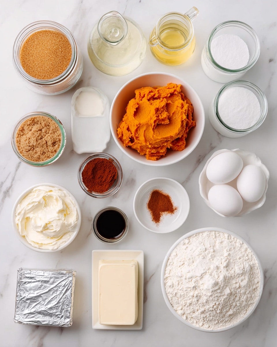 The image shows a top view of baking ingredients neatly arranged on a white marbled surface. There are 13 containers and items, including a jar of tan brown sugar, a jar of white granulated sugar, a clear glass jug with light yellow oil, a small jar of salt, a white bowl filled with bright orange pumpkin puree in the center, a small white dish containing brown cinnamon powder, two white eggs placed side by side, a stick of butter with its wrapper partially open, a small white bowl of soy sauce or vanilla extract, a small spice jar with cinnamon powder, a block of cream cheese on shiny silver foil in the bottom middle, a large white bowl filled with white flour, and a large jar containing white powdered sugar. All containers are white in color or clear glass, creating a clean and organized look. photo taken with an iphone --ar 4:5 --v 7