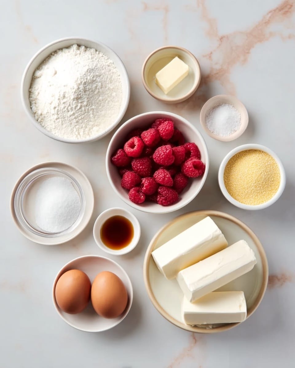 The image shows several small white bowls with different ingredients set on a white marbled surface. On the right side, there is a white bowl filled with four blocks of soft white cream cheese. Next to it is a white bowl filled with bright red raspberries. Below that is a white bowl holding four brown eggs. To the left of the eggs is a small clear glass with vanilla extract. Above that is a small white bowl with melted butter, and next to it is a tiny white bowl with salt. In the upper left corner, a medium white bowl holds a heap of white sugar, and next to it on the right is a white bowl filled with light yellow cornmeal. Everything is spaced evenly and looks neat. Photo taken with an iphone --ar 4:5 --v 7