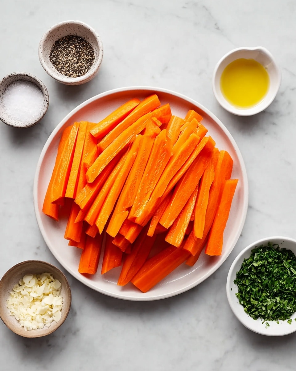 A white plate full of bright orange carrot sticks stacked in layers, placed at the center on a white marbled surface. Around the plate, there are four small bowls: one with black pepper, one with white salt, one with green chopped herbs, and one with light golden oil, each showing a smooth texture inside. The arrangement is neat and colorful, with the vibrant carrots contrasting with the plain white bowls and soft marbled background. Photo taken with an iphone --ar 4:5 --v 7