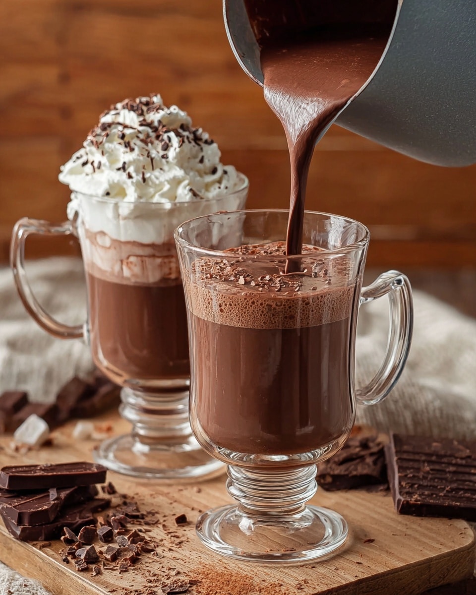 The image shows two clear glass mugs with thick, dark brown hot chocolate. The mug in the front is being filled from a gray pot with creamy hot chocolate pouring smoothly. The mug behind it has a thick layer of white whipped cream on top, sprinkled with small chocolate shavings. Both mugs stand on a wooden board that has chocolate pieces and grated chocolate scattered around. The background is a warm wooden texture, and the whole scene has a cozy feel. Photo taken with an iphone --ar 4:5 --v 7