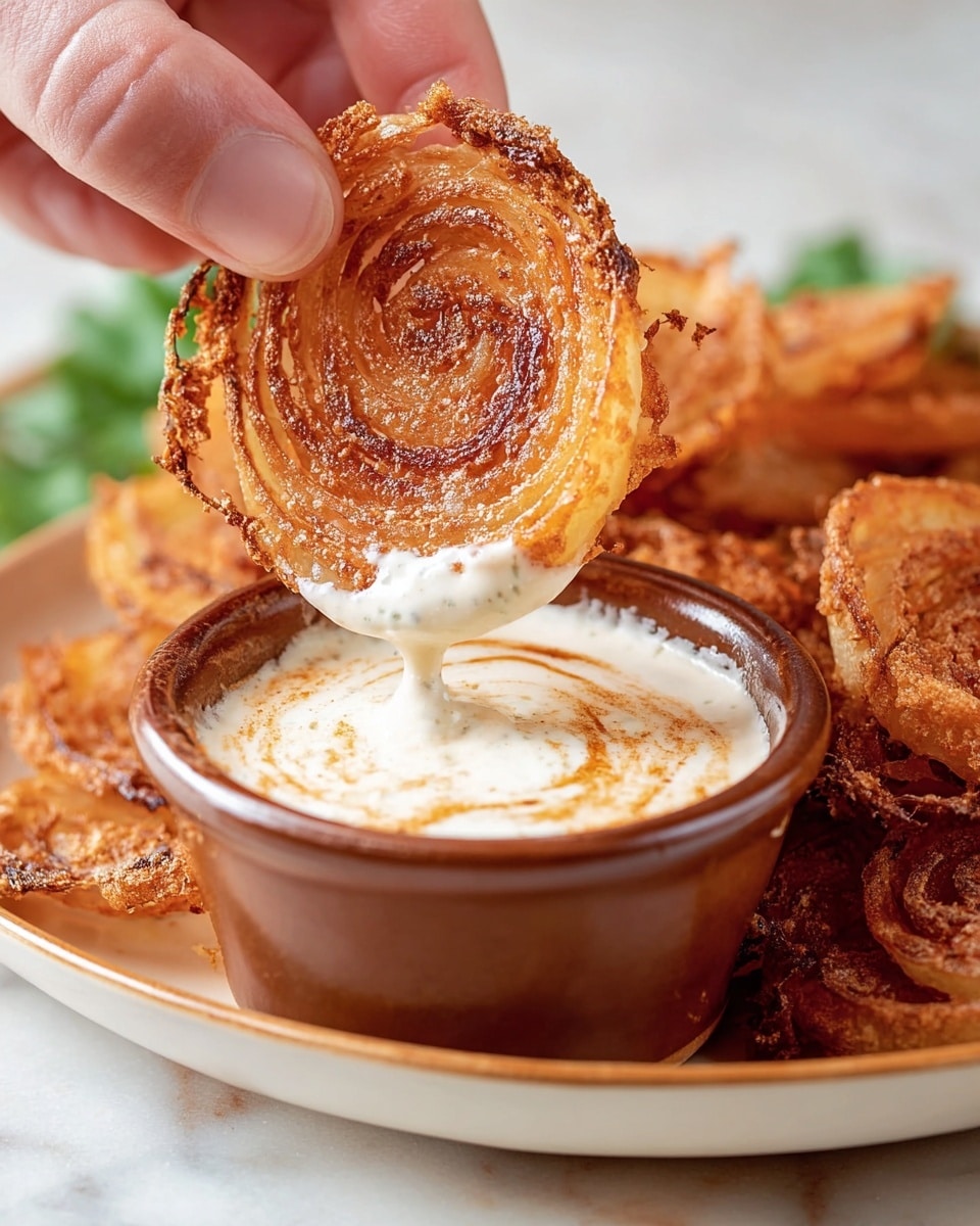 A woman's hand holds a crispy golden-brown onion slice with a textured, slightly burnt surface showing layers of caramelized rings, dipping it into a small brown bowl filled with creamy white sauce swirled with light brown streaks. The bowl sits on a white plate with more onion slices stacked underneath. The background is a white marbled texture. photo taken with an iphone --ar 4:5 --v 7