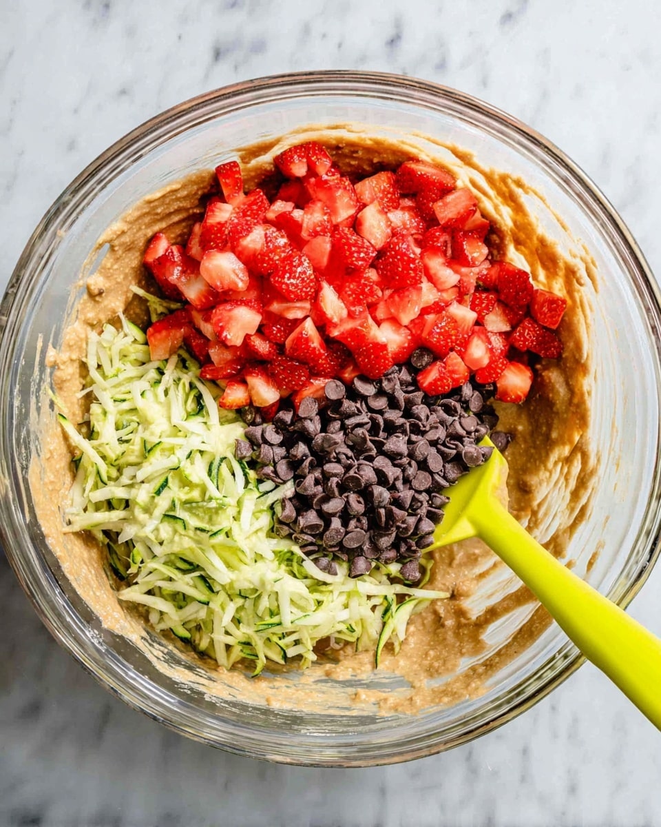 A clear glass bowl sits on a white marbled surface, filled with a thick, light brown batter base. On top of the batter, there are three distinct piles: finely chopped bright red strawberries at the top, small dark brown chocolate chips to the right, and shredded pale green zucchini at the bottom. A bright yellow spatula rests inside the bowl, its handle angled toward the bottom-left corner. The mixture layers are clearly separated, showing a colorful contrast between the batter, fruit, chips, and vegetable. Photo taken with an iphone --ar 4:5 --v 7