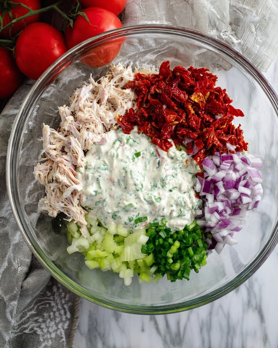 In a clear glass bowl on a white marbled surface, there are five separate layers of ingredients: shredded light beige meat in the top left, thick white sauce with green herbs in the center, bright red chopped sun-dried tomatoes on the right, finely chopped purple onions in the bottom left, and small chopped green celery pieces in the bottom center; the bowl is surrounded by white and gray cloths, and red vine tomatoes peek in from the top background. photo taken with an iphone --ar 4:5 --v 7