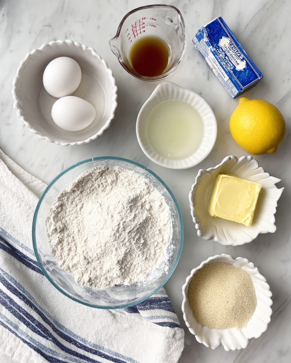 A top view of baking ingredients arranged on a white marbled surface with a folded white cloth with blue stripes at the bottom. In the center is a glass bowl filled with white flour with some white powder on top. To the left is a white bowl with two raw eggs, a clear measuring cup with milk, and two small white scalloped bowls containing vanilla extract and lemon juice. At the top right is a stick of butter in blue and white wrapper, a whole lemon, and a small white bowl with a light brown flour-like substance. photo taken with an iphone --ar 4:5 --v 7