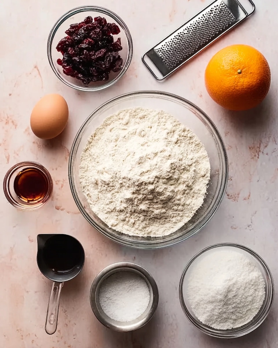 The image shows an overhead view of several baking ingredients arranged neatly on a white marbled surface. In the center is a large clear glass bowl filled with a white powdery flour mixture. To the right of the bowl is a whole orange next to a metal grater with a black handle. Above the flour bowl is a small clear bowl filled with dark red dried cranberries. To the left side of the flour bowl is a single brown egg. Below the egg is a small glass container with a dark brown liquid, likely vanilla extract. Next to it is a small metal cup with a white powder, probably salt. At the bottom right is another clear bowl filled with white granulated sugar. The overall arrangement is clean, with soft lighting and a gentle color palette. Photo taken with an iphone --ar 4:5 --v 7