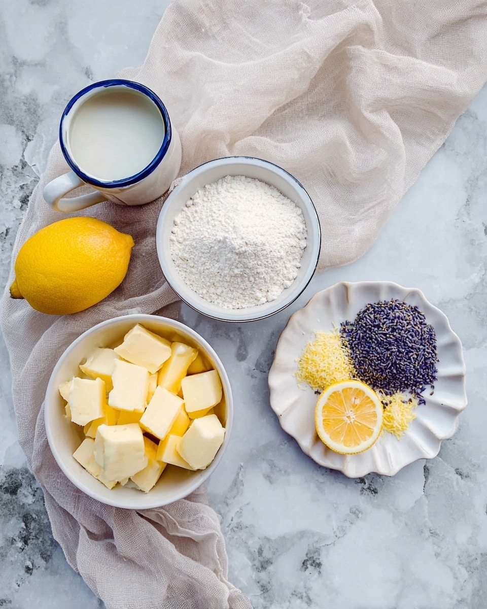 The image shows baking ingredients arranged on a white marbled surface with a creamy beige cloth flowing through the middle. On the left, there is a halved lemon with bright yellow color. Next to it, a white cup with a blue rim is filled with white flour. Below and slightly to the right, there is a white bowl filled with yellow butter cubes. Further right, a small white bowl holds white sugar. To the far right on a white decorative plate, there is a lemon slice, some yellow lemon zest, and a small pile of purple dried lavender flowers. The ingredients are neat and brightly colored, and the photo is taken with an iphone --ar 4:5 --v 7