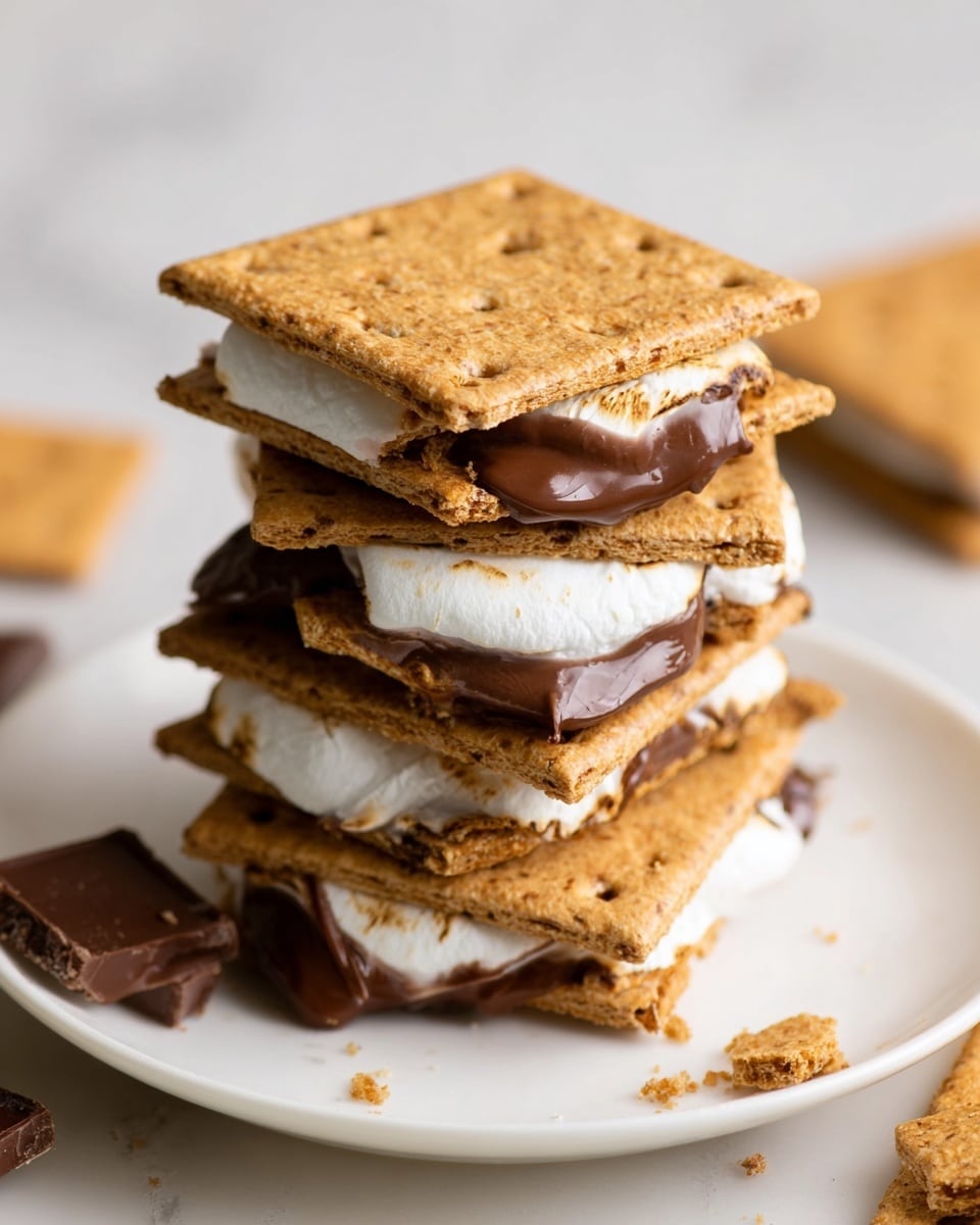 This image shows a stack of four s'mores on a white plate. Each s'more has three layers of golden brown, textured graham crackers with small holes, alternating with two layers of melted white marshmallow and creamy milk chocolate that is slightly soft and melting, oozing out between the crackers. The s'mores are placed on a white marbled surface with pieces of chocolate and graham crackers scattered around, giving a cozy, sweet feeling. Photo taken with an iphone --ar 4:5 --v 7