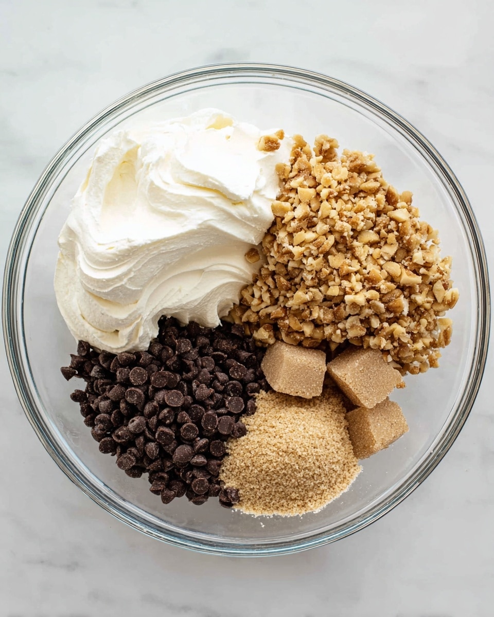 In a clear glass bowl on a white marbled surface, there are four distinct groups of ingredients placed side by side without mixing. On the top left, there is a large white creamy layer with a soft and fluffy texture. On the top right, small light brown chopped nuts form the second layer, rough in texture. Below the nuts on the bottom right, there are two solid blocks of light brown sugar and a small pile of loose light brown sugar next to them. On the bottom left, a pile of small, dark brown chocolate chips with a smooth, rounded texture completes the arrangement. The photo taken with an iphone --ar 4:5 --v 7