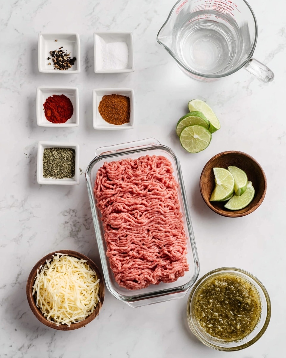 The image shows a clear rectangular glass container in the center filled with raw ground meat, pink and textured in neat rows. Around it are several small white square dishes each holding different spices: black pepper, red powder, green dried herbs, finely chopped garlic, brown spice, and dark red chili powder. A small wooden bowl with light yellow shredded cheese and another wooden bowl with fresh lime wedges are also arranged neatly. At the bottom right corner, there is a clear bowl with a green chunky sauce. A clear glass measuring cup with water is placed above the meat container, all set on a white marbled surface. photo taken with an iphone --ar 4:5 --v 7