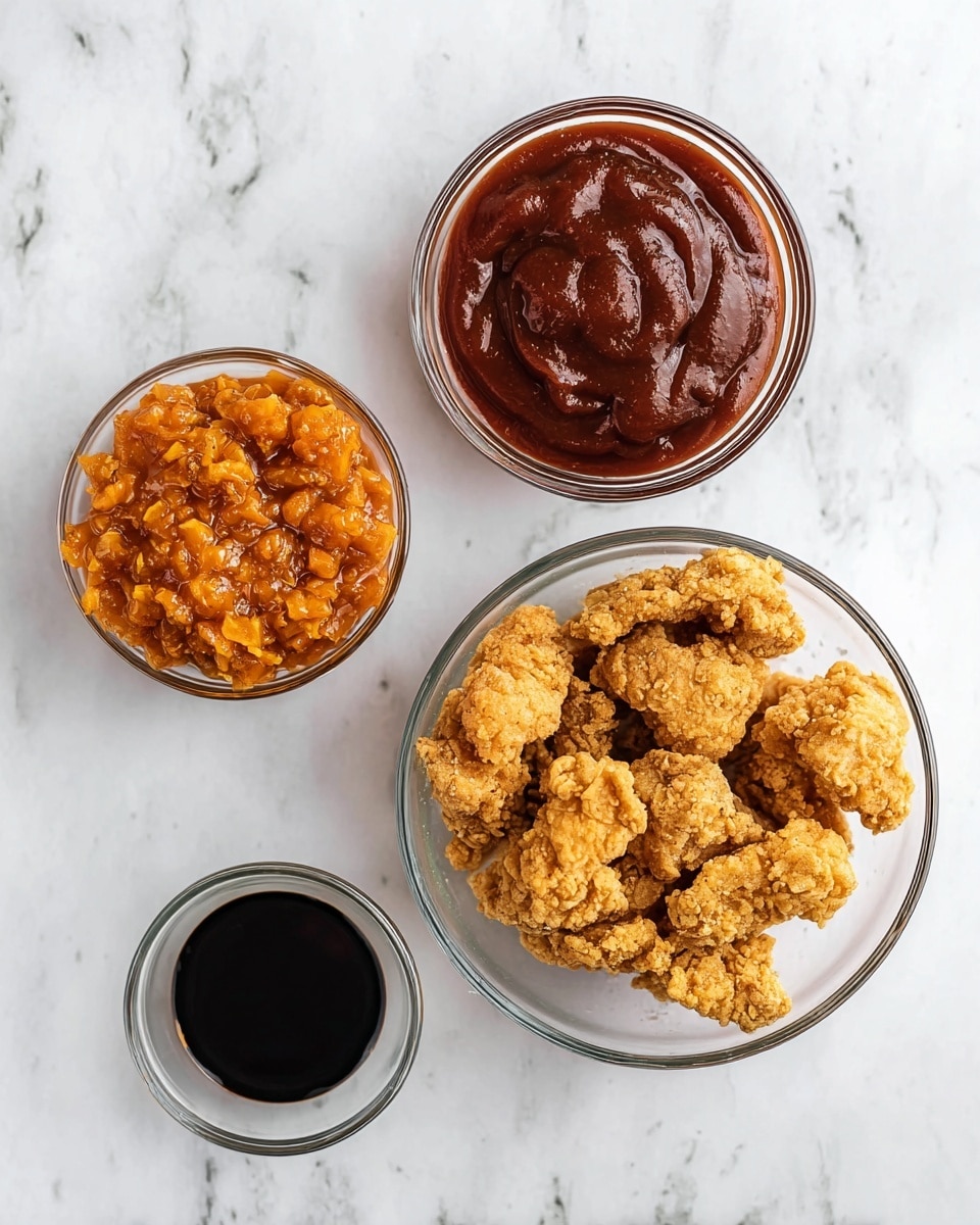 The image shows a white marbled surface with four clear glass bowls arranged simply. The largest bowl at the bottom holds crispy, golden brown fried chicken pieces with a crunchy texture. Above it, slightly to the right, is a medium bowl filled with thick, dark red barbecue sauce that looks smooth and shiny. To the left of the barbecue sauce is a smaller bowl filled with a chunky orange sauce with visible bits, giving it a textured look. At the top right corner, there is a very small bowl containing dark soy sauce, smooth and glossy. The arrangement is clean and minimalistic, emphasizing the colors and textures of the sauces and fried chicken photo taken with an iphone --ar 4:5 --v 7