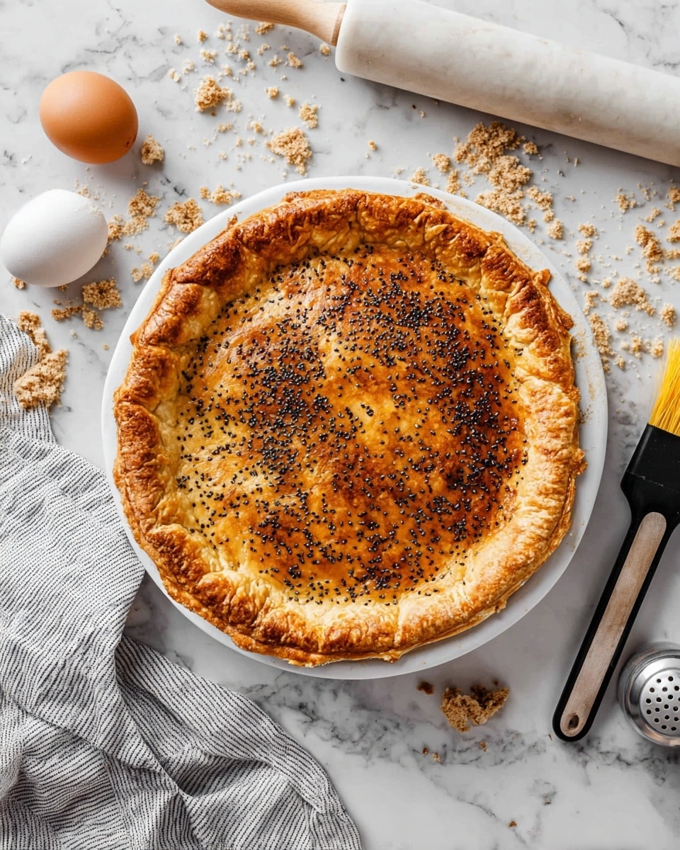A round pie with a golden brown crust sits in the center of a white plate, its top sprinkled with small black seeds for texture and color contrast. The crust edge is decorated with fork marks creating a pattern all around. The pie rests on a white marbled surface scattered with crumbs. Around the pie, there is a brown egg, a white rolling pin, a gray striped cloth, a black brush with yellow bristles, and a small shaker with holes on top. Photo taken with an iphone --ar 4:5 --v 7