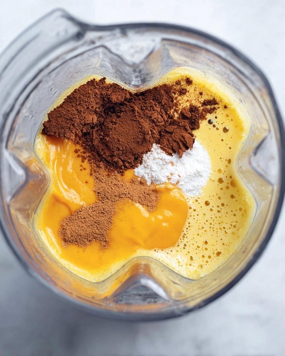 Inside a clear blender, different layers of ingredients sit separately before mixing. At the bottom, a thick golden yellow liquid spreads across the base, with a pool of smooth orange puree at one side. On top, a dark brown powder is sprinkled mostly along one edge and several places, its texture crumbled and fine. Nearby, a small pile of white powder rests next to the orange puree, while some light cream-colored liquid with bubbles lightly covers parts of the yellows and orange. The blender itself is set on a white marbled surface photo taken with an iphone --ar 4:5 --v 7