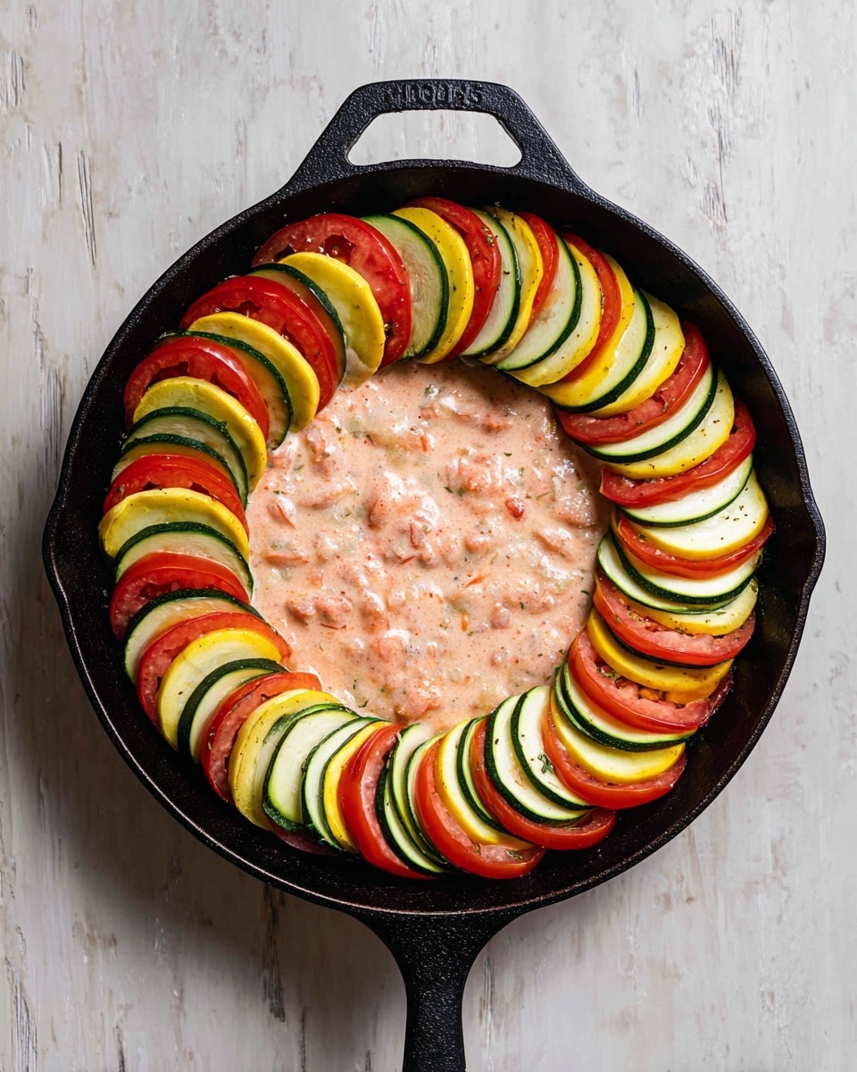 A black cast iron pan sits on a white marbled surface, filled with a light pink, creamy sauce with visible small pieces inside, covering the center. Around the sauce, there are three types of sliced vegetables arranged in a circle in layers: dark green zucchini, bright yellow squash, and red tomato slices. The vegetable slices alternate and overlap neatly, creating a colorful, even ring around the sauce. The pan handle points downward. Photo taken with an iphone --ar 4:5 --v 7