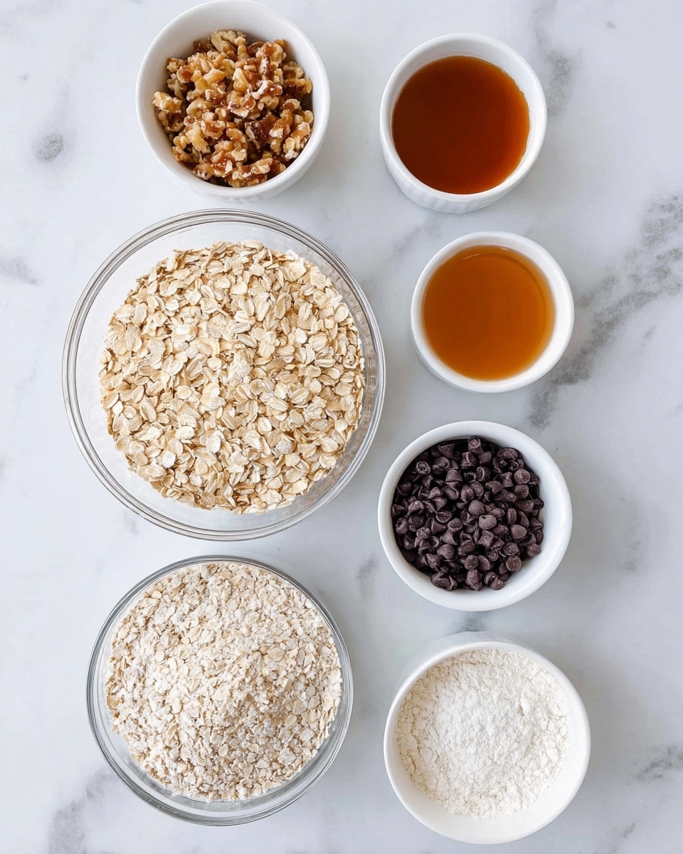 The image shows six small white bowls and one clear glass bowl arranged neatly on a white marbled surface. The largest clear glass bowl is filled with light beige rolled oats, filling it fully. The white bowls contain various ingredients: one with chopped light brown nuts, another with smooth caramel-colored syrup, one with a darker amber liquid, a small bowl of dark brown chocolate chips, a bowl filled with pale off-white flour, and another empty white bowl. Each bowl displays a different color and texture, creating a varied and organized layout. photo taken with an iphone --ar 4:5 --v 7