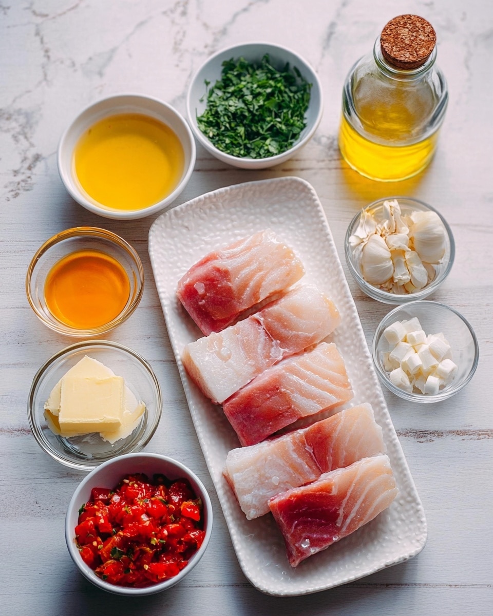 The image shows four thick slices of raw fish with a light pink and white color placed on a rectangular white plate with a subtle pattern. Surrounding the plate are small white bowls and clear containers holding various ingredients: one bowl contains fresh green herbs, another has minced garlic, a glass cup holds yellow-orange liquid, another bowl has bright red chopped tomatoes, and a small white dish has a yellow pat of butter. There is also a small clear bowl filled with white cream cheese cubes and a glass bottle filled with golden olive oil with a cork stopper. All items are set on a white marbled surface. Photo taken with an iphone --ar 4:5 --v 7