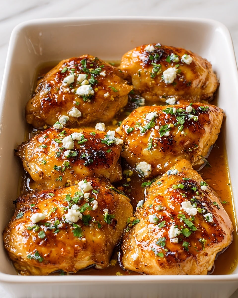 The image shows a white rectangular dish filled with six pieces of golden-brown cooked chicken arranged in two rows. Each piece is glazed with a shiny, caramelized sauce giving a rich amber color with slight charred spots. Small white crumbles are sprinkled evenly on top of the chicken, along with finely chopped green herbs scattered across the surface. The dish sits on a white marbled texture surface. The chicken looks moist and tender with a glossy finish from the sauce. photo taken with an iphone --ar 4:5 --v 7