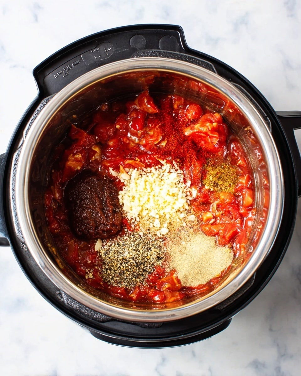 Inside a black Instant Pot on a white marbled surface, there are several layers of ingredients. The base layer is a mix of chunky red tomatoes with a wet, slightly oily texture that fills most of the pot. On top, slightly to the center, is a small mound of finely minced light yellow garlic. Around the garlic, there are various spices: on the top right is a sprinkling of black pepper, below it a light tan powder, and next to that a bright red powder. At the bottom left, there is a dark brown, sticky paste resembling tamarind or thick sauce. The shiny metal inside of the pot contrasts with the vibrant colors of the ingredients. photo taken with an iphone --ar 4:5 --v 7