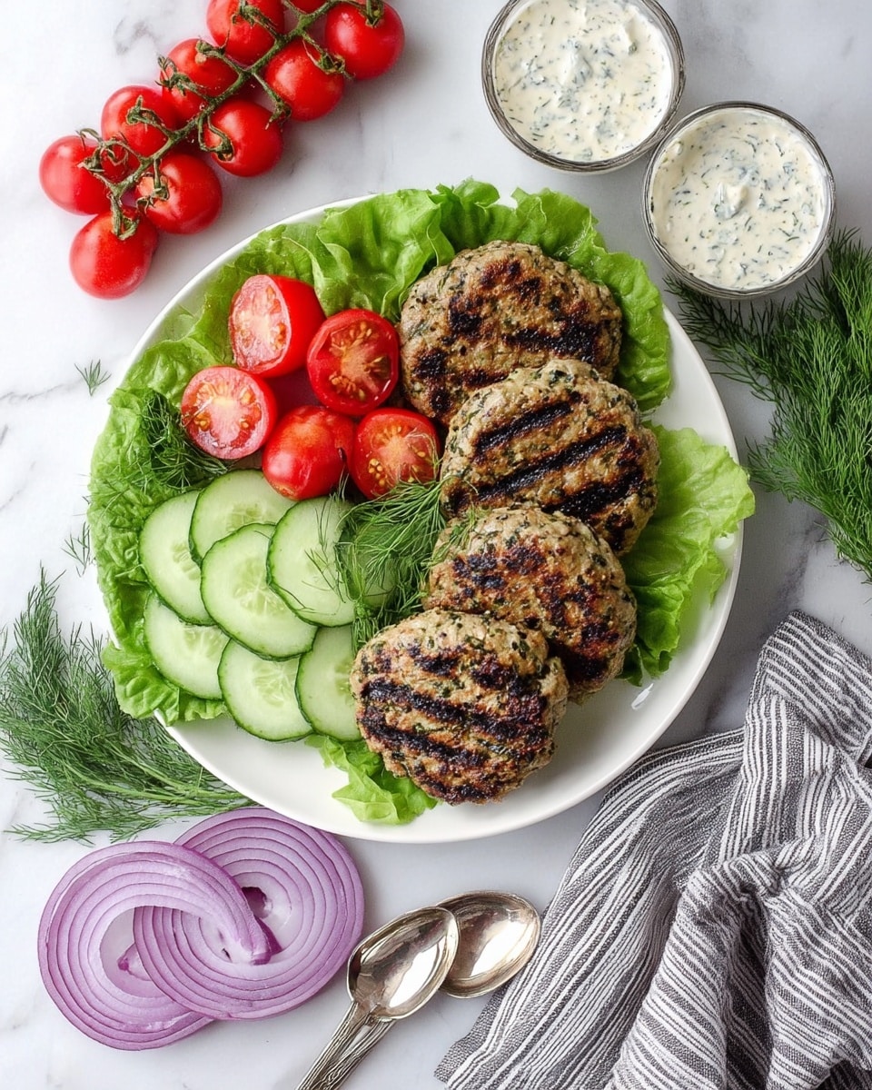 A white round plate sits on a white marbled surface with three grilled patties lined in a slight arc on the right side, each patty showing dark grill marks and specks of herbs inside a light brown cooked crust. To the left of the patties is a bed of bright green leafy lettuce topped with two bright red tomatoes on the vine and several cucumber slices with pale green centers and darker green edges, garnished with small sprigs of dill. Above the plate, a cluster of bright red cherry tomatoes on the vine rests to the left side. To the right of the plate, two small bowls contain creamy white sauces with visible herbs, and a pair of silver spoons lies nearby. Below the plate on the surface, a few vibrant purple onion slices are arranged in rings next to a gray cloth with white stripes. Photo taken with an iphone --ar 4:5 --v 7