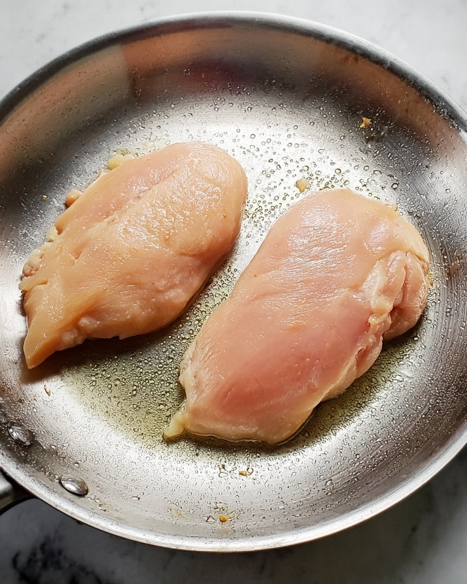 Two pieces of light pink chicken fillets lie side by side on a slightly shiny silver pan with a little oil around them. The chicken has a smooth texture with some light browning on top and a soft, moist look. The pan shows some marks and small oil bubbles around the chicken. The background is a white marbled surface. Photo taken with an iphone --ar 4:5 --v 7