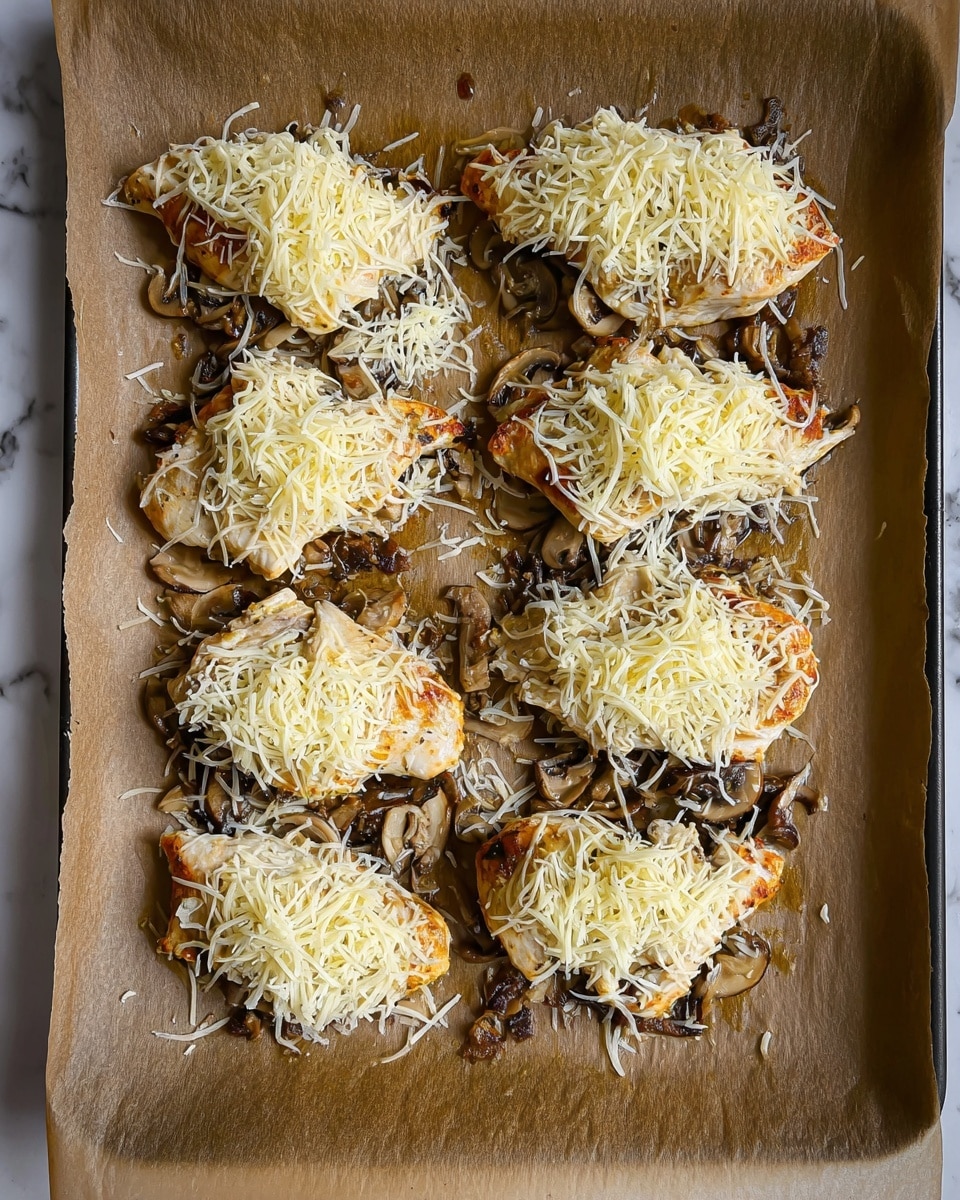 The image shows six pieces of cooked chicken placed on brown baking paper on a tray. Each piece of chicken is topped with a layer of sautéed light brown onions and dark brown mushrooms, followed by a generous layer of shredded pale yellow cheese. The chicken pieces have a golden brown color with some darker edges, placed in two rows. The cheese appears evenly spread but loose, with some scattered on the paper. The background is a white marbled surface. photo taken with an iphone --ar 4:5 --v 7