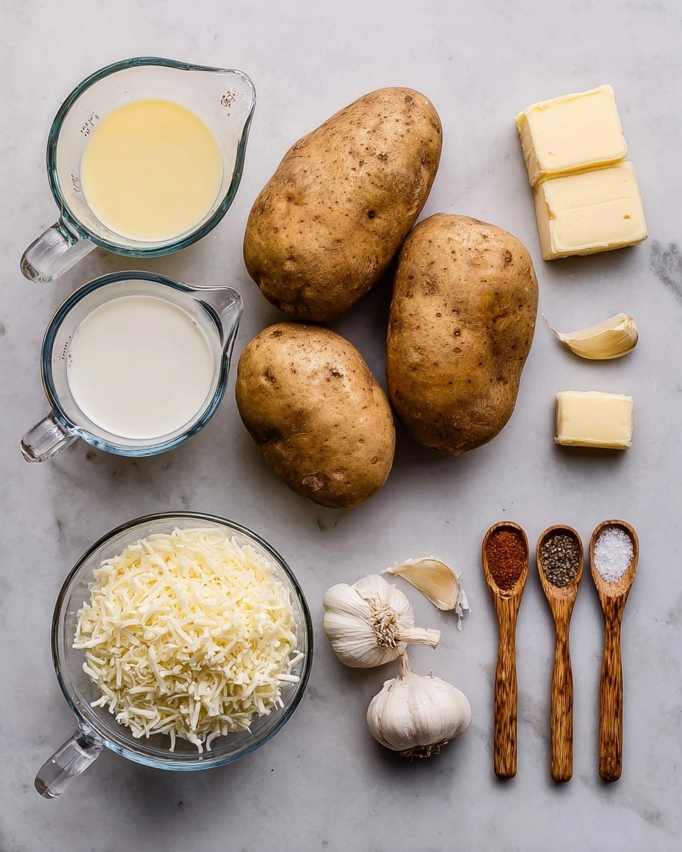 The image shows several cooking ingredients arranged on a white marbled surface. There are four large brown potatoes in the center, with a small pile of grated white cheese in a clear glass bowl below them. To the left, there are two glass measuring cups, one filled with melted butter and the other with milk. To the right of the potatoes, there are two peeled garlic cloves and a small cube of butter. On the far right side, three measuring spoons with wooden handles hold salt, black pepper, and a reddish-brown spice, all neatly aligned. Photo taken with an iphone --ar 4:5 --v 7