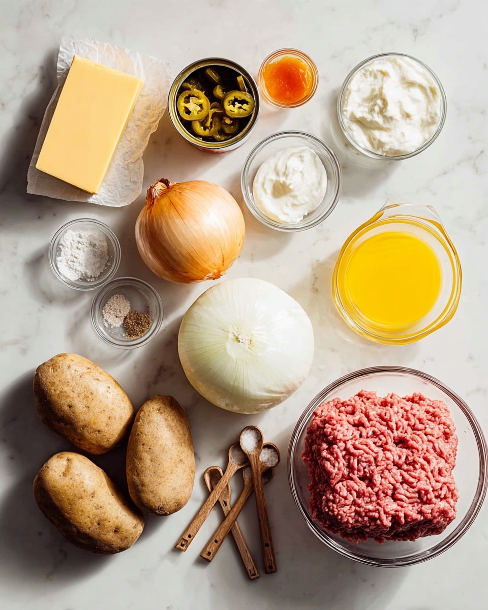 A clear glass bowl filled with raw ground beef sits on the right side of a white marbled surface. To its left, there are three large brown potatoes lying close together. Above the potatoes, an open can reveals sliced pickled jalapeños. Near the center, two glass measuring cups hold liquids—one bright yellow and the other white. Below these, a large whole white onion is placed next to a dollop of thick white sour cream in a tiny clear bowl. Around the sour cream, there are three wooden measuring spoons filled with salt and pepper, garlic powder, and flour. Nearby, a small glass cup contains a reddish-orange hot sauce, and a rectangular block of yellow cheese and a stick of butter wrapped in paper are placed at the top left of the frame. Everything rests on a white marbled surface with soft lighting, creating crisp shadows. Photo taken with an iphone --ar 4:5 --v 7