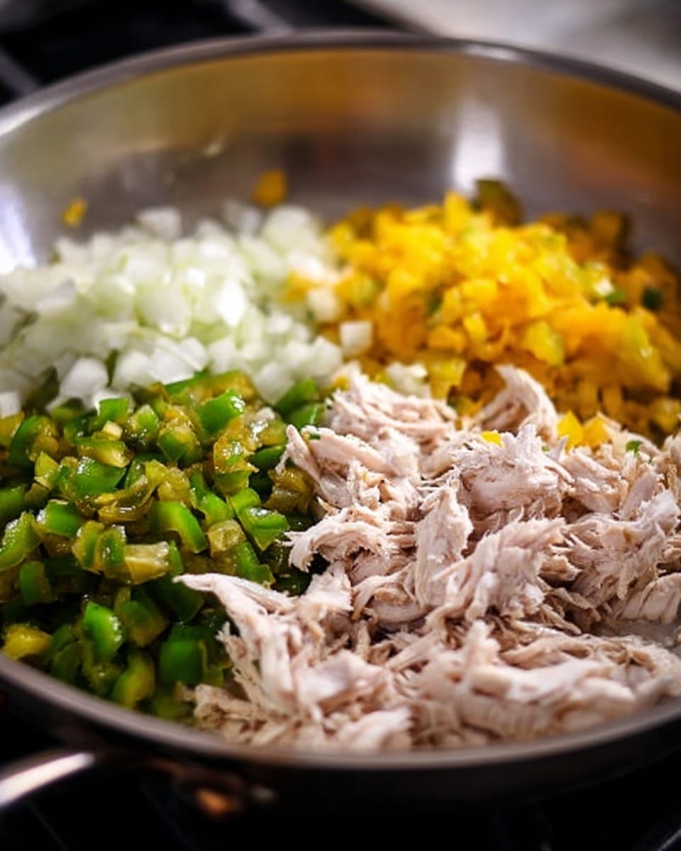 A close-up view of a stainless steel frying pan resting on a stove, filled with three distinct layers: finely chopped white onions and green peppers spread evenly on one side, a middle layer of bright yellow chopped peppers, and a large pile of shredded white chicken on the other side. The ingredients look fresh and ready to be cooked together. The background shows a bit of the stovetop but is mainly out of focus, keeping attention on the colorful layers inside the pan. photo taken with an iphone --ar 4:5 --v 7