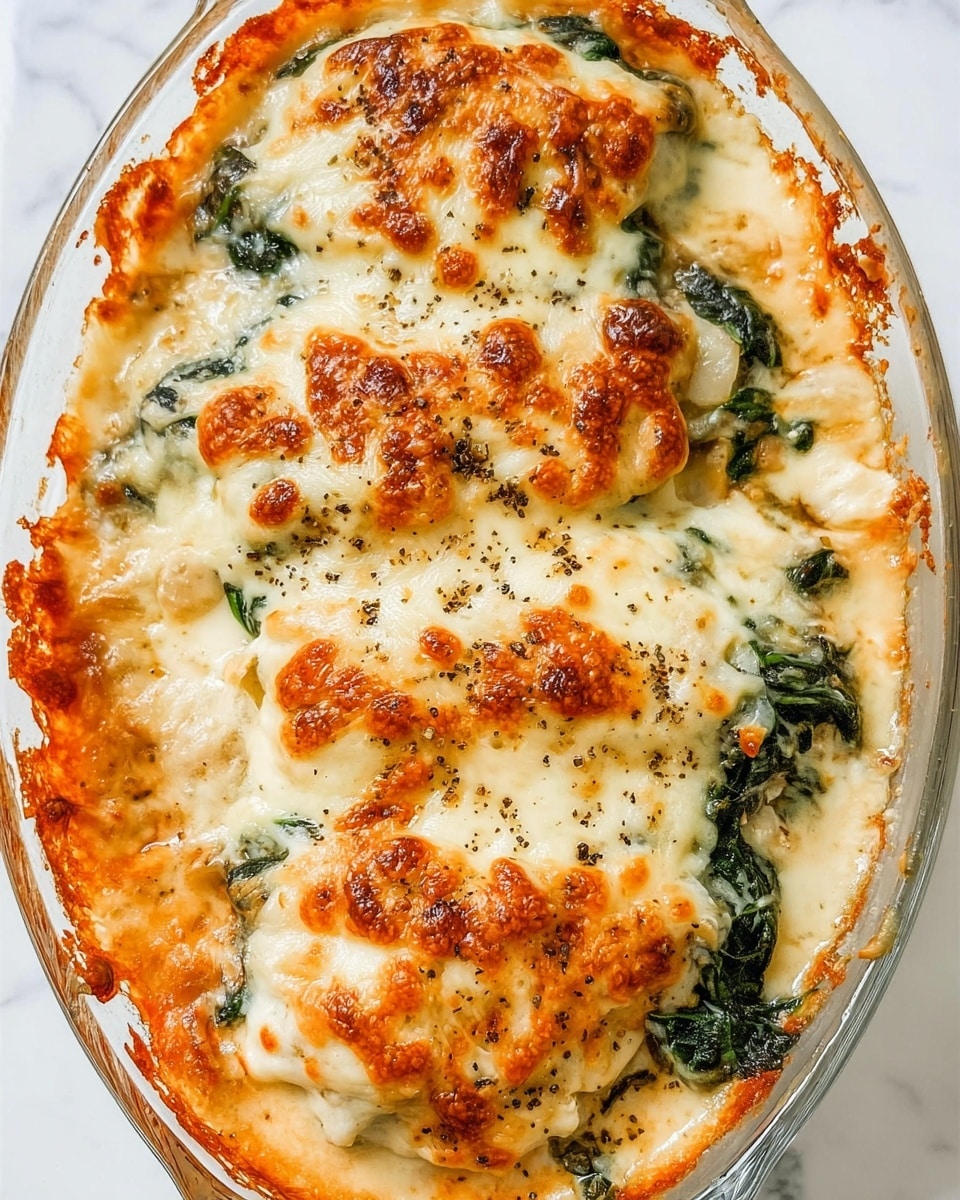 A clear oval glass baking dish filled with a layered dish featuring a base of golden cooked meat topped with leafy green spinach. On top, there is a thick layer of melted, creamy white cheese with golden brown spots and a slightly bubbly texture. The edges of the dish show some browned, melted cheese that has spilled over, creating a rich, crispy crust on the sides. The surface is sprinkled with black pepper, adding small dark specks on the cheese. The background is a white marbled texture photo taken with an iphone --ar 4:5 --v 7