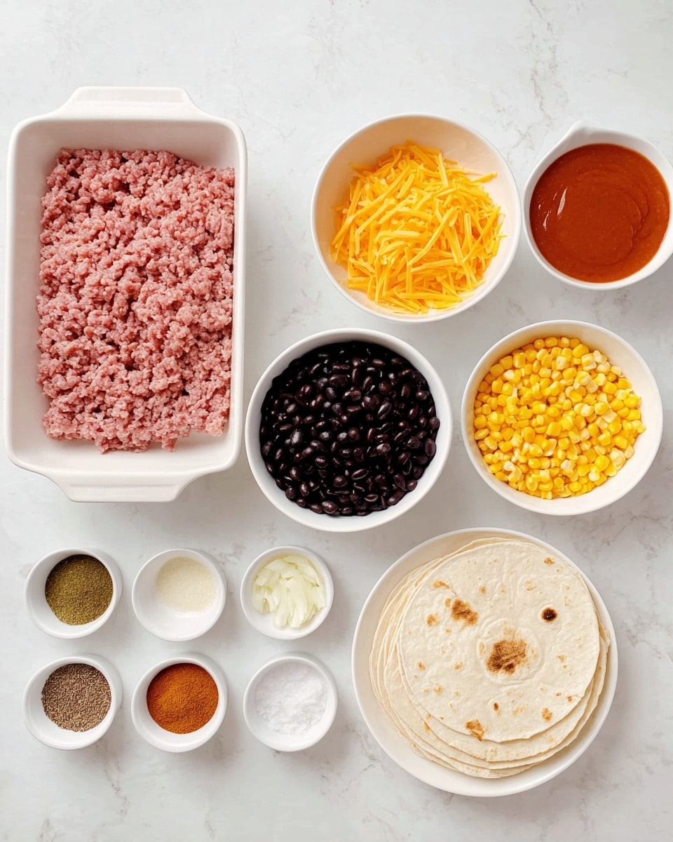 The image shows various ingredients arranged neatly on a white marbled surface. In the center, there is a white rectangular container with pink raw ground meat. Above it and to the right are three white bowls: one filled with shiny black beans, another with shredded bright orange cheddar cheese, and the third with golden yellow corn. To the right side, there is a white plate holding a small stack of light beige flour tortillas with some brown spots. On the left side, there are six small white dishes—three holding powdered spices in green, brown, and red colors, one with minced garlic, one with diced onions in a larger white bowl, and one with white salt. Above everything is a white bowl with smooth red sauce. The whole scene is clear and organized with distinct colors and textures. Photo taken with an iphone --ar 4:5 --v 7