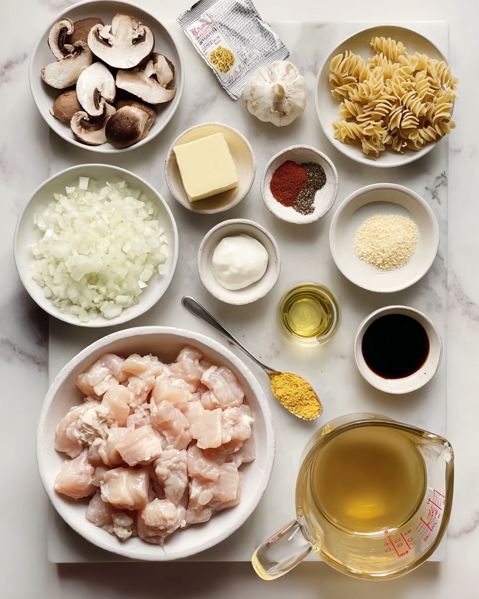 The image shows ingredients for cooking arranged neatly on a white marbled surface. There are several white bowls with different items: one filled with raw, chunked light pink chicken pieces in the center; one containing chopped white onions; one with sliced brown mushrooms; a small bowl with white flour; another with olive oil; and another with finely chopped garlic. There are also small white dishes holding dark red and black spices, a yellow powder, white sour cream, a small square of butter, and a dark liquid, likely soy sauce or vinegar. A small glass of clear liquid, possibly vinegar or water, sits near the center right, and a glass measuring jug full of light golden broth is at the bottom right. There is a spoon with a yellow powder on the top middle area, and a small unopened packet of pasta. Everything is displayed cleanly, with bright lighting to highlight the colors and textures of the ingredients. Photo taken with an iphone --ar 4:5 --v 7