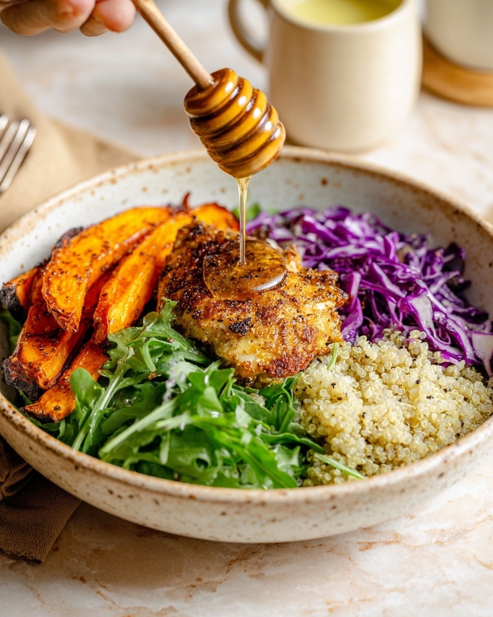 A white speckled bowl holds a colorful, layered meal on a white marbled surface. The bottom layer is a bed of light beige quinoa with a fluffy texture at the bottom-right side of the bowl. On the right side, there is a fresh bed of green arugula leaves with a slightly curly texture. Next to it, vibrant shredded purple cabbage adds a layer of crispness. On the left side, there are roasted, golden-orange sweet potato sticks with a slightly browned and seasoned surface. In the center sits a golden-brown grilled chicken piece with a crisp, textured skin. Above the chicken, a woman's hand is holding a wooden honey dripper, and golden honey is slowly drizzling down on the chicken. In the blurred background, a cream-colored cup is visible. Photo taken with an iphone --ar 4:5 --v 7