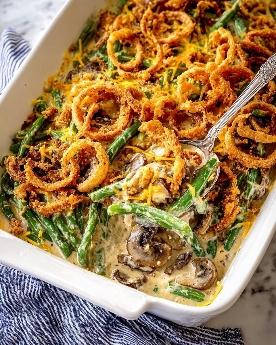 The dish is a baked green bean casserole in a white rectangular dish. The bottom layer is creamy light beige sauce mixed with fresh green beans that are bright green and cut into pieces, and some slices of brown mushrooms. The top layer is full of crispy golden brown fried onion rings scattered unevenly, adding a crunchy texture, with some shredded light yellow cheese sprinkled on top. A silver spoon is scooping out some casserole, showing layers clearly. The dish rests on a white marbled surface with a blue and white striped cloth nearby. Photo taken with an iphone --ar 4:5 --v 7