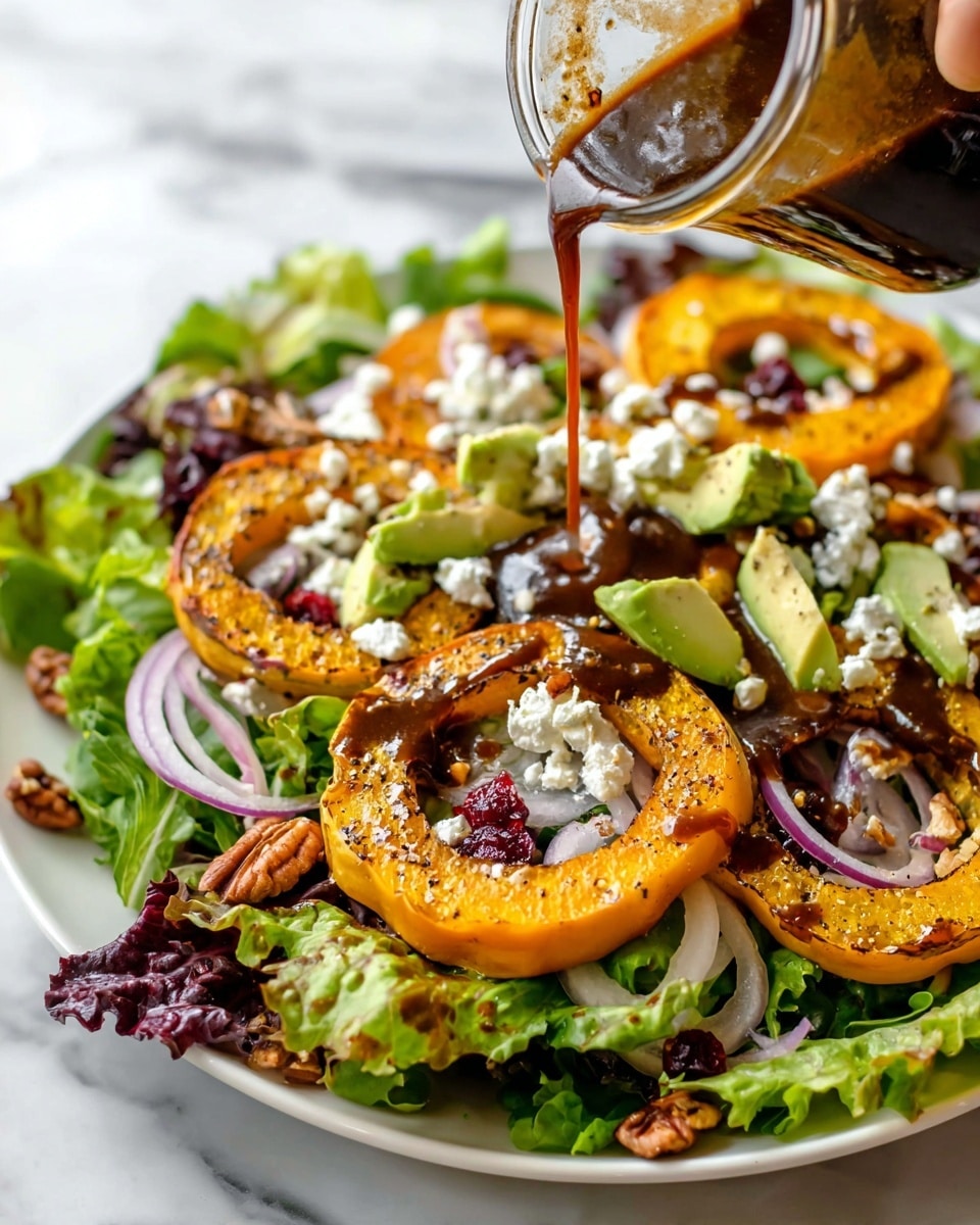 A white plate holds a colorful salad on a white marbled surface, with a base of fresh green and purple leafy lettuce. On top are several bright orange roasted squash slices with a slightly charred edge, arranged in a circular pattern across the salad. Around them are small piles of white crumbled cheese, thin purple onion slices with rings, and green avocado slices with visible black pepper. Scattered throughout are reddish dried cranberries and brown candied nuts. A woman's hand is pouring a thick, dark brown dressing from a glass jar, creating a glossy layer over the roasted squash and other ingredients. Photo taken with an iphone --ar 4:5 --v 7