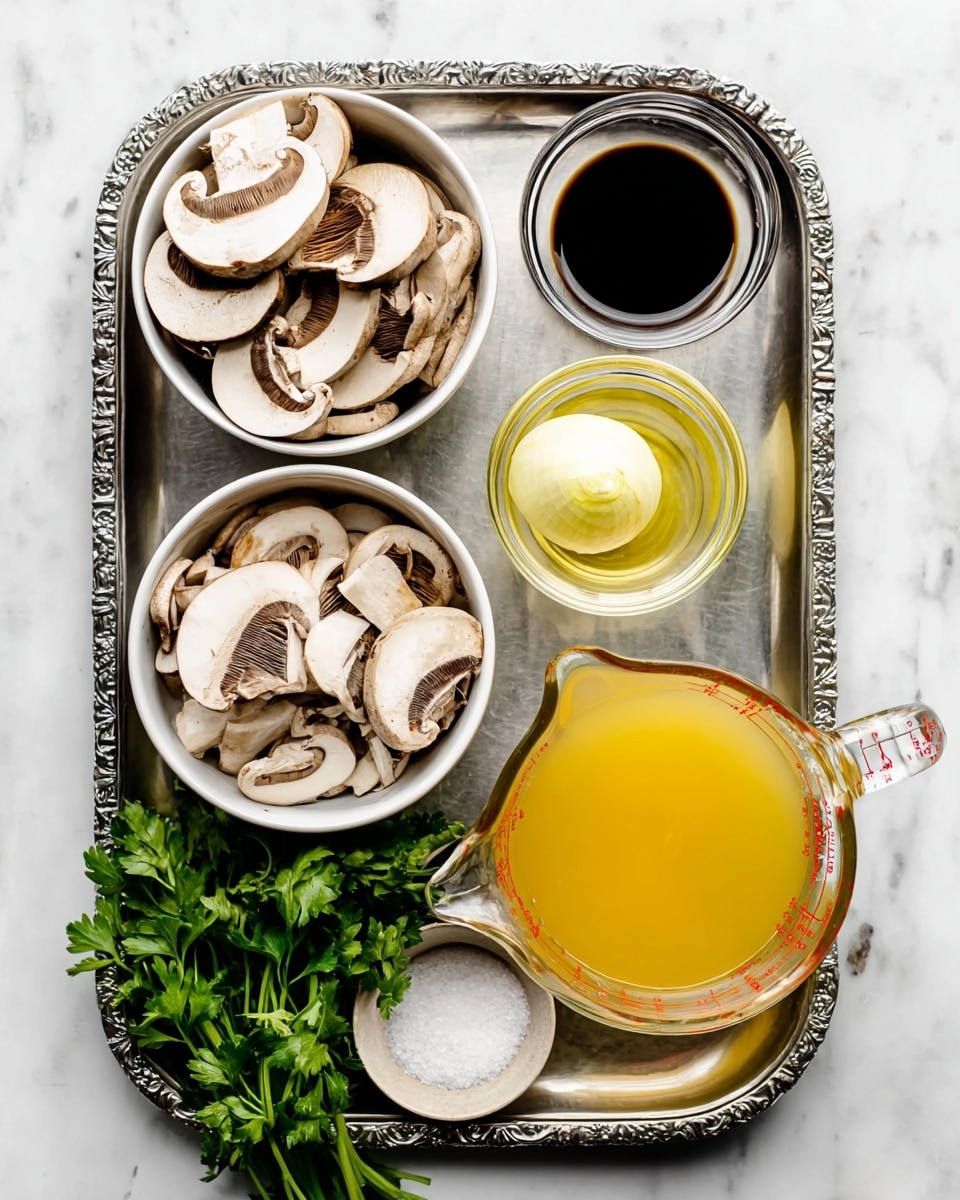The image shows a silver tray on a white marbled surface. On the tray, there are two white bowls filled with sliced mushrooms, one at the top left and one below it. Near the center right side, there is a half onion with a light yellow inside and brownish skin. To the top right of the tray, there are two small clear glass bowls, one with dark soy sauce and the other with a light yellow oil. At the bottom right corner, a clear measuring jug is filled with a yellow broth or liquid. Close to the bottom left edge of the tray, there is a small bunch of fresh green parsley, and next to it, a small dish containing a white powder, likely salt or baking powder. photo taken with an iphone --ar 4:5 --v 7